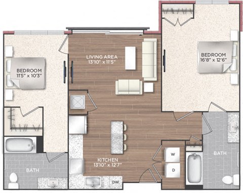 Floor plan for 2 beds, 2 baths, 1017 sqft